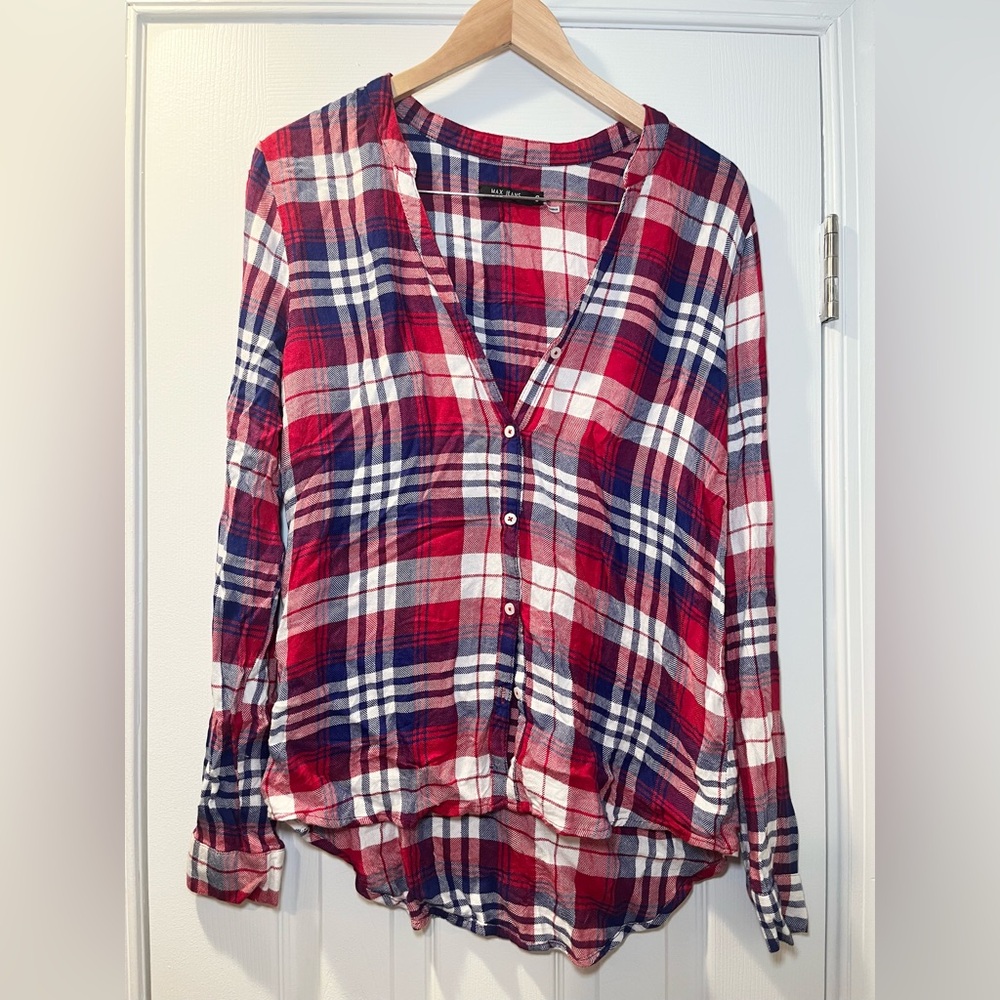 Red, White and Blue Plaid Blouse